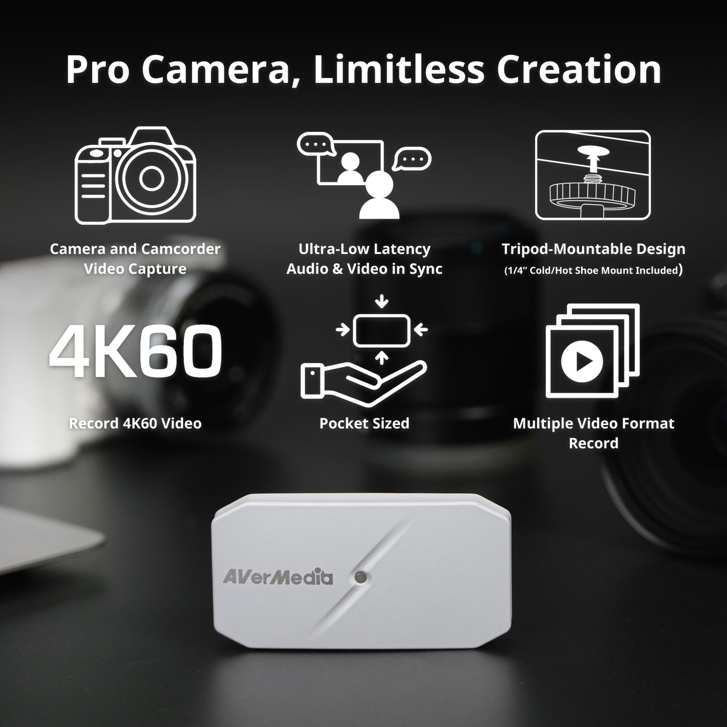 AVerMedia 4K60 HDMI Capture Card for DSLR, Camcorder, GoPro, Low Latency for Live Streaming & Video Conferencing on OBS, Zoom, Twitch, Compatible with Windows, Mac, iPad, and PC - CamStream 4K BU113G2 White
