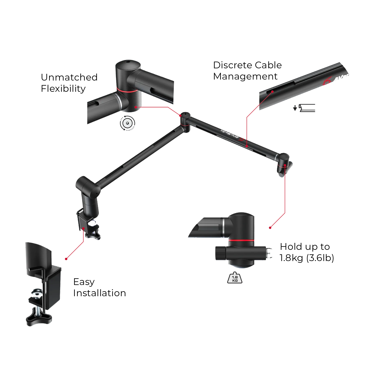 BA311 Adjustable Microphone Boom Arm with rotating joints for horizontal and vertical angles
