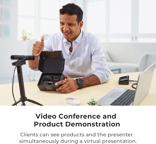 Man introducing product to webcam for a virtual meeting