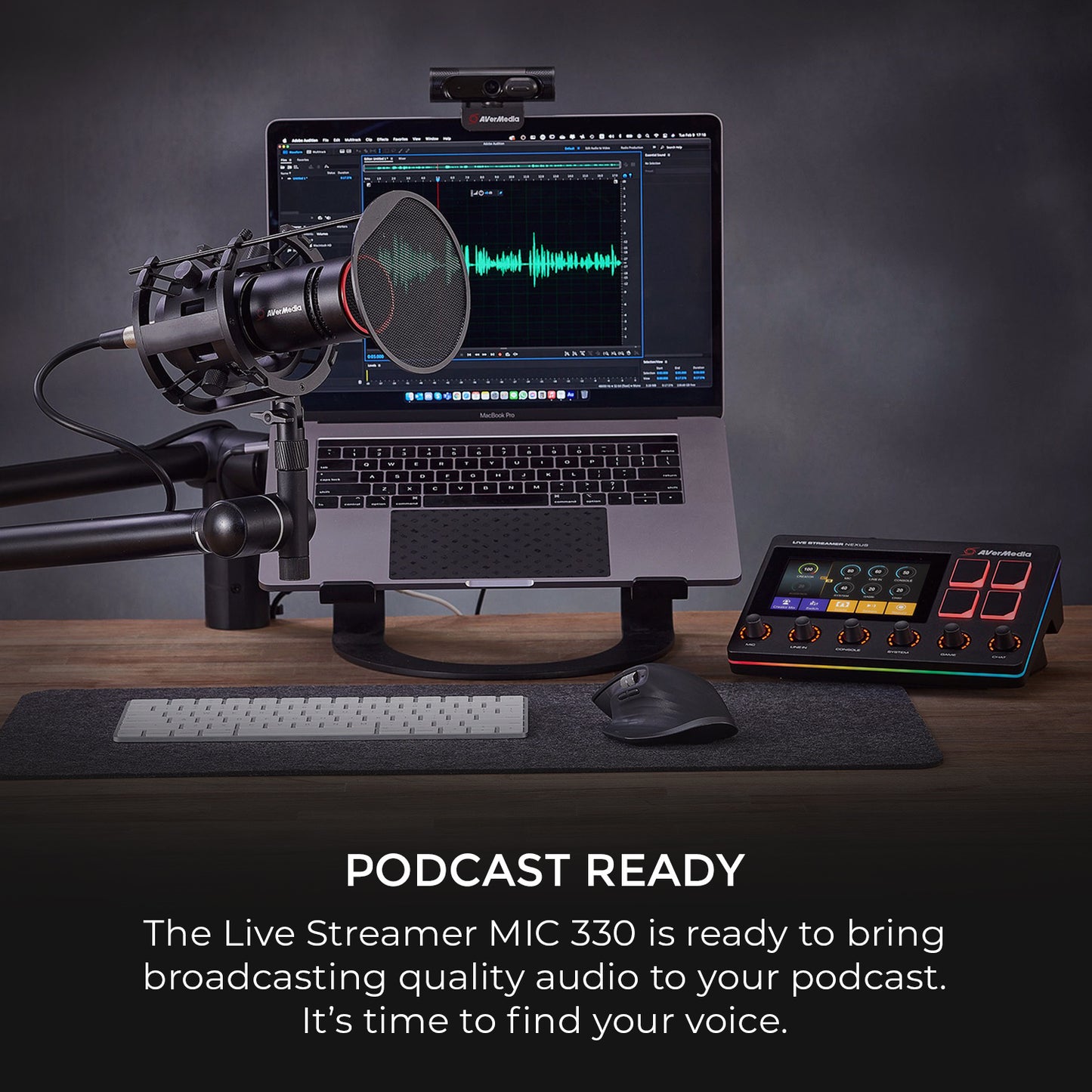 Podcast setup with AM330 Dynamic XLR Microphone and pop filter and control center