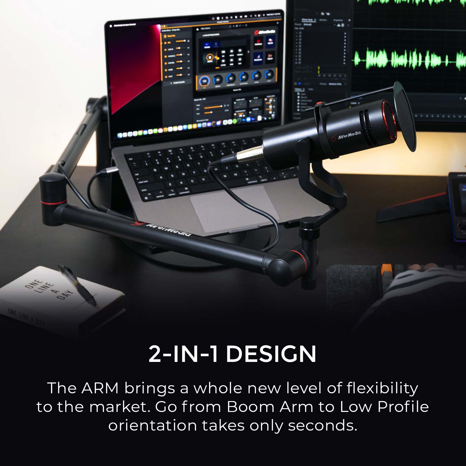 Podcast setup with BA311 Adjustable Microphone Boom Arm and microphone and laptop