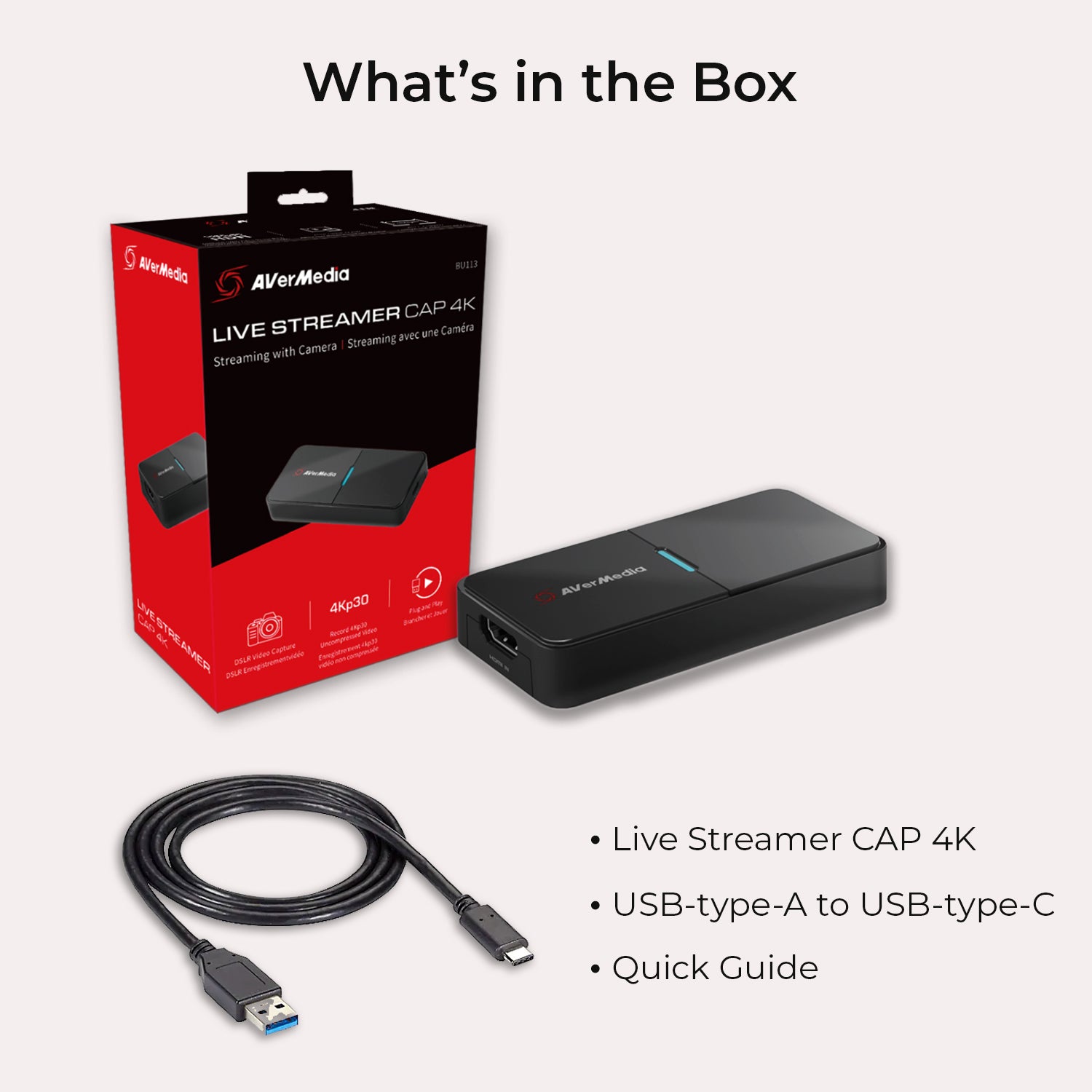 AVerMedia BU113 Capture Card package, items in the box