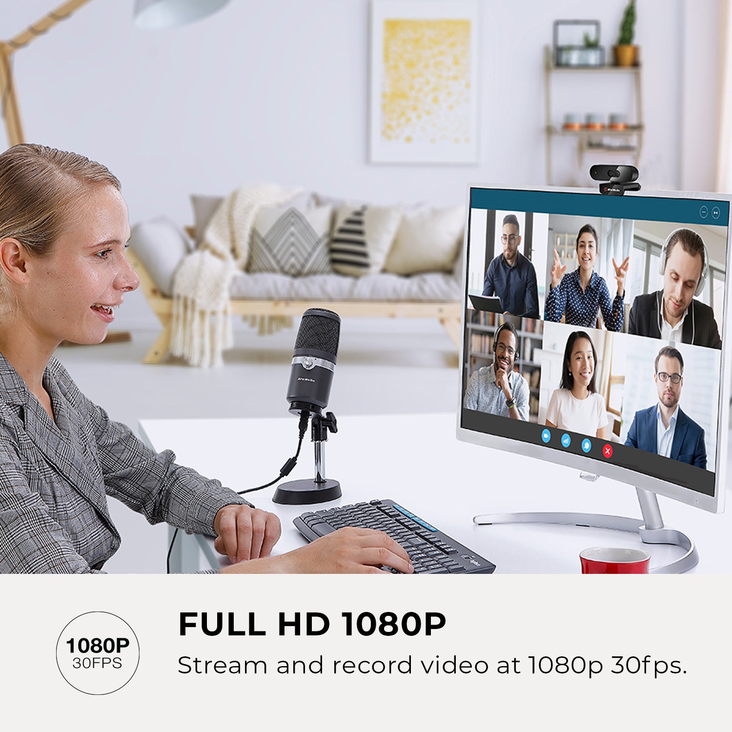 Woman  meeting on sesktop with 1080p30 webcam and microphone