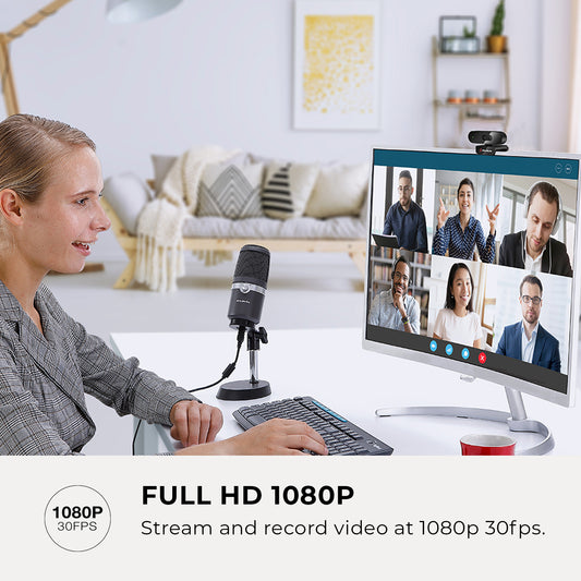 Woman  meeting on sesktop with 1080p30 webcam and microphone