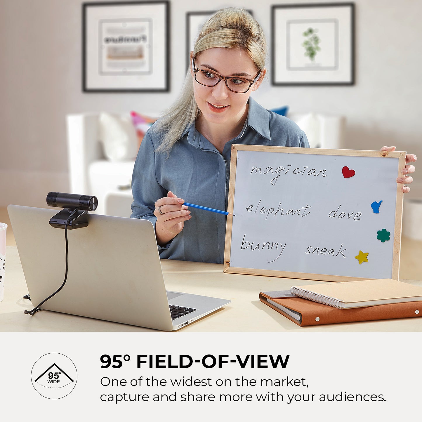 Woman teaching with board to Wide Angle Webcam