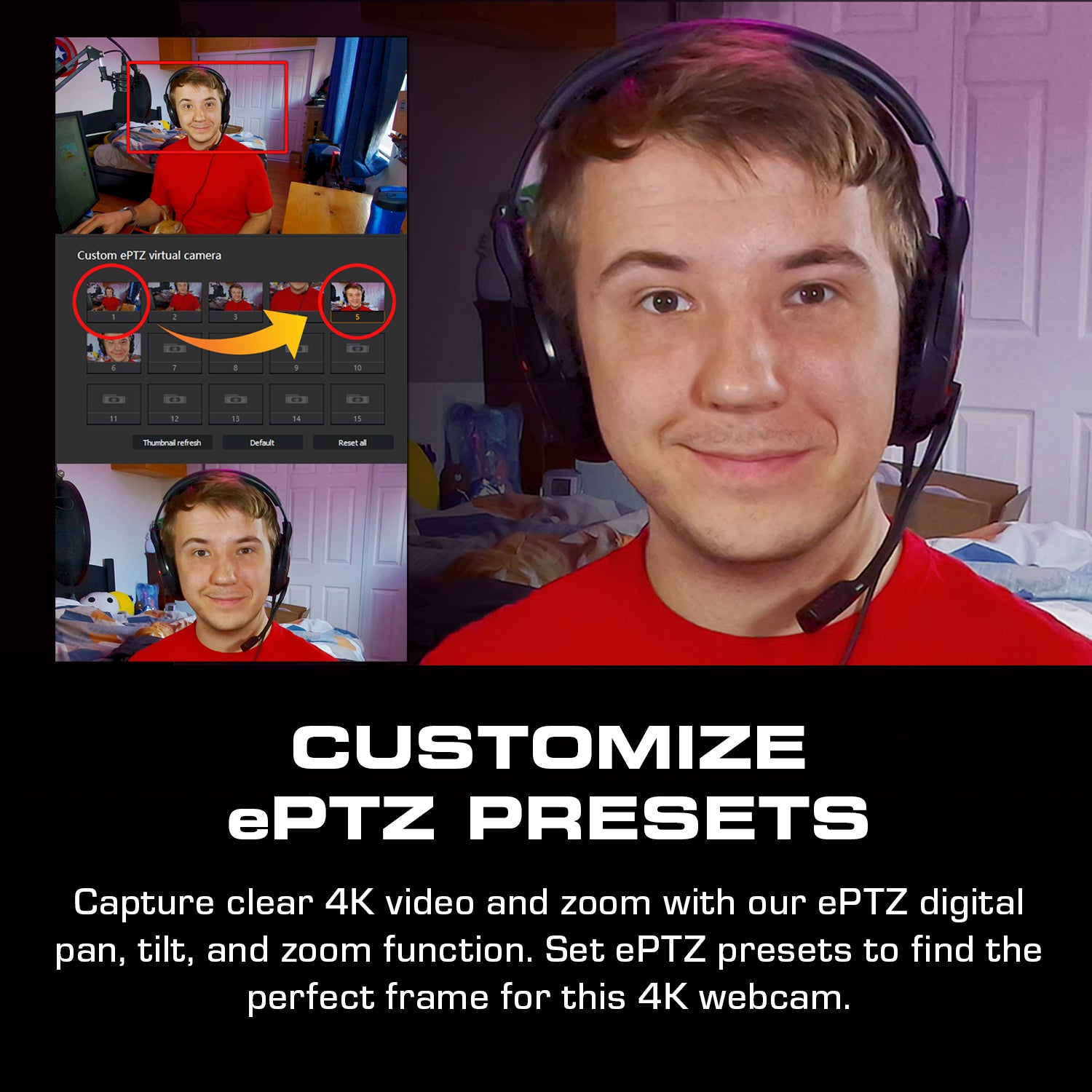 4K Webcam with customize ePTZ presets